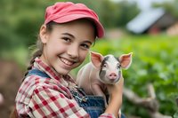Young Asian female farmer in plaid shirt and denim overalls holding cute piglet while working at sustainable family farm. Genuine smile shows connection with animals.