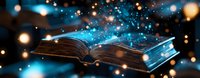 Open magical book with glowing blue light and sparkles emerging from pages against dark background, creating mystical atmosphere with floating golden bokeh lights.