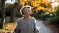 Senior Caucasian woman with gray hair in knit sweater walking on autumn path with golden foliage background, enjoying peaceful moment outdoors.