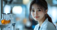Young Asian female scientist in white lab coat working in modern laboratory with chemical glassware and amber liquid samples. Professional research environment.