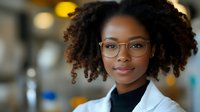 Young African American female medical professional wearing glasses and white coat smiles confidently in hospital setting with natural curly hair and warm lighting.