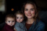 Young Caucasian mother with twin babies smiling at camera in low-key lighting, wearing casual clothing, creating intimate family portrait atmosphere.