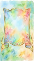 Watercolor pastel frame with gold border, floral details, and stars on a soft rainbow background, for greeting cards and invitations.