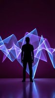 Silhouette of a man standing before glowing neon waves of blue and purple light, representing digital transformation, innovation, and futuristic technology concepts for business presentations.