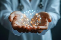 Medical professional holding glowing particles of light in cupped hands, symbolizing healthcare innovation, healing energy, and advanced medical technology.