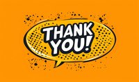 Comic style speech bubble with bold thank you text on vibrant orange background with scattered dots and ink splatter effect. Great for greeting cards and social media.