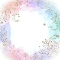 Mystical watercolor frame with crescent moon, stars and floral elements in pastel rainbow colors on white background for spiritual design projects.