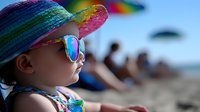 Young girl in rainbow sun hat and mirrored sunglasses enjoying summer beach day with blurred people in background, capturing carefree childhood vacation moments.