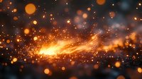 Glowing orange sparks and bokeh lights create magical atmosphere against dark background, abstract energy flow with bright particles and smoke effects.