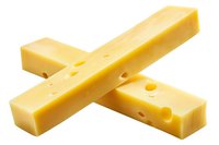 Two crossed sticks of yellow cheese with holes on white background, fresh dairy product closeup macro photography for food industry and advertising.