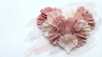 Delicate pink and cream paper carnation flowers arranged in heart shape on white background for romantic crafts, wedding decorations and handmade projects.
