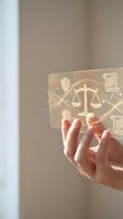 Hand holding glowing digital justice scale hologram with legal icons for law firm technology and legal services innovation concepts.