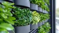 Vertical garden with green plants in modern gray wall planters creates contemporary living wall design for sustainable urban gardening and biophilic spaces.
