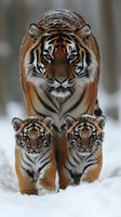 Majestic Bengal tiger mother walking through snowy landscape with two small cubs following closely behind, showcasing protective maternal behavior in winter setting.