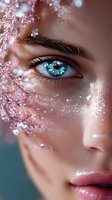 Close-up of bright blue eye with pink crystal decorations and glitter makeup, featuring natural eyebrow and soft pink lips against blurred background.