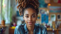 Young African American woman with natural curly hair and denim jacket looking confidently at camera in casual cafe setting with soft bokeh background.