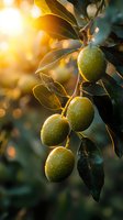 Fresh green olives growing on branch with sunlight streaming through leaves, creating magical bokeh effect in warm golden evening light.