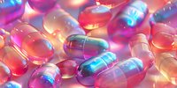 Glowing pharmaceutical capsules in pink and blue colors with translucent gel coating create futuristic medical background with light effects and reflections.