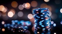 Stack of blue and red poker chips on dark background with blurred bokeh lights creating atmospheric casino gaming ambiance. Suitable for gambling and entertainment concepts.