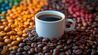 White coffee cup filled with fresh brewed coffee surrounded by colorful roasted coffee beans creating vibrant composition with selective focus and warm tones.