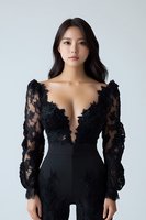 Young Asian woman wearing elegant black lace evening dress with plunging neckline and long sleeves against light background, fashion portrait in minimal style.