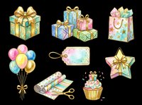Colorful gift boxes, balloons, shopping bag, gift tag, wrapping paper roll, cupcake and star decoration isolated on transparent background, ready for t-shirts, stickers, clipart and print-on-demand designs.