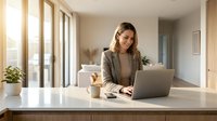 Young professional woman working on laptop at modern office desk with coffee cup, smiling while typing in bright workspace with large windows and natural light.
