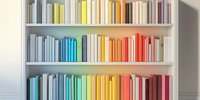 Books arranged by color on white wooden shelves creating rainbow spectrum pattern, modern minimalist interior design approach for home library organization.