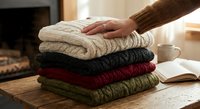 Hand placing cozy knitted sweaters in neat stack on wooden table with warm home interior background for seasonal wardrobe organization and comfort.