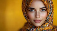 Young woman in orange floral hijab with striking blue eyes and natural makeup poses against vibrant yellow background, expressing confidence and cultural beauty.