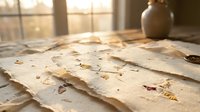Handmade paper sheets with dried flower petals on rustic wooden table near window. Natural organic texture for crafting and artistic projects.