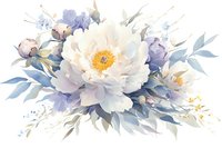 Delicate white peony with blue iris and eucalyptus leaves in soft watercolor style composition on white background, floral arrangement for wedding stationery.