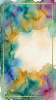 Watercolor abstract background with flowing teal, purple, yellow and gold ink washes creating organic shapes around cream negative space, framed by gold border, suitable for invitations and design projects.