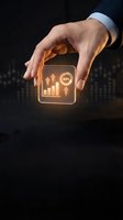 Businessman hand holding glowing KPI dashboard with growth chart and performance metrics for business analytics and data visualization.