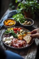 Mediterranean platter with prosciutto, feta cheese, olives, fresh vegetables and bread on rustic wooden table. Moody lighting highlights fresh ingredients.