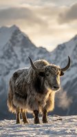 Yak with long horns standing in snowy mountain landscape during golden hour, alpine terrain with snow-covered peaks in background, wildlife in natural habitat.