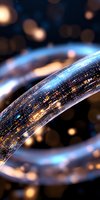 Glowing curved fiber optic cable with digital data stream visualization on dark background with bokeh lights, representing high-speed internet connectivity.