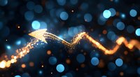 Magical glowing golden arrow path with sparkles and blue bokeh lights on dark background creates mystical atmosphere for festive designs and holiday projects.