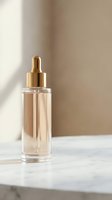 Luxury skincare serum bottle with golden dropper cap on marble surface. Premium cosmetic product for anti-aging and beauty routine applications.