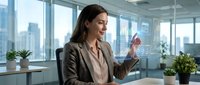 Professional businesswoman using smartphone in modern office with city skyline view, corporate communication and technology concept.