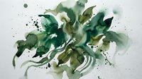 Abstract watercolor painting with flowing green leaves and organic splashes on white background for modern interior design and botanical art projects.