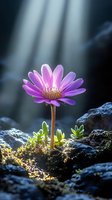 Single purple daisy flower blooming among rocks with sunbeams streaming through dark background, creating magical atmosphere with moss and small plants.