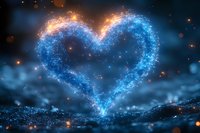 Magical glowing heart shape formed by blue sparkles and light particles against dark background with orange bokeh lights, creating romantic atmosphere.