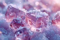 Frozen ice crystals with pink and purple bokeh background create dreamy winter macro photography. Delicate frost formations catch light in magical close-up detail.