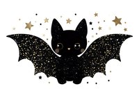 Cute black bat silhouette with sparkly glitter texture wings and golden stars pattern isolated on white background. Halloween festive character for design projects.