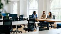 Young diverse professionals collaborating at wooden table in bright modern office with large windows, black ergonomic chairs, and contemporary workspace design for business teamwork.