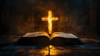 Open holy book with glowing golden cross rising from pages against dark, smoky background. Spiritual and religious symbolism for faith, Christianity, worship, and devotion concepts.