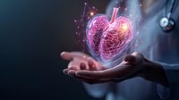 Glowing holographic heart with anatomical details floats above medical professional's hand, surrounded by digital network connections and luminous particles.