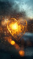 Glowing heart shape drawn on rainy window glass with sunset bokeh lights in background, creating romantic atmosphere with water drops and golden light.