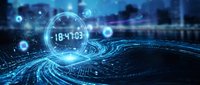 Digital clock display showing time in futuristic cyber space with glowing blue data streams and particle effects for technology presentations.